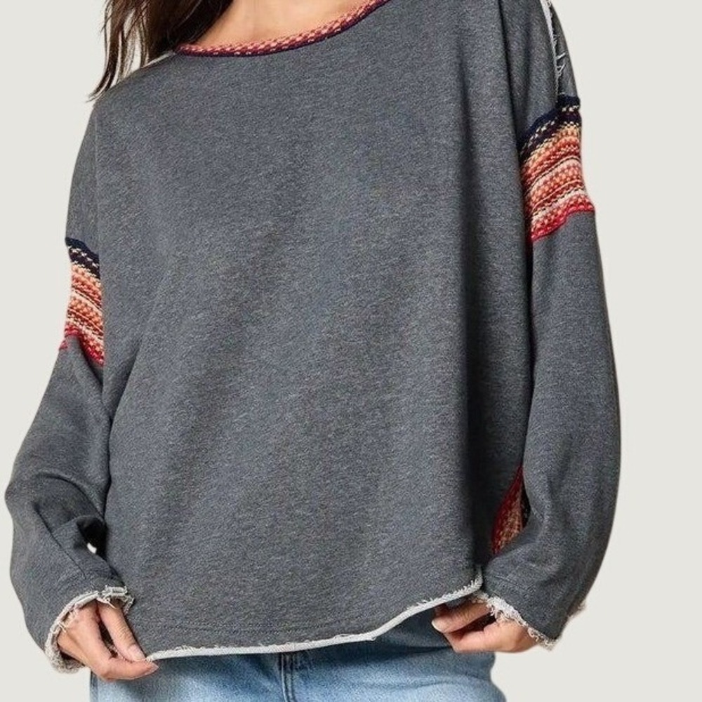 Natural Life Gray Knit Trim Oversize Sweatshirt S/M Cozy Loungewear Boho Top - Picture 10 of 11